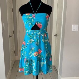 Express Blue Floral Halter Dress with Cutout Detail XS NWT